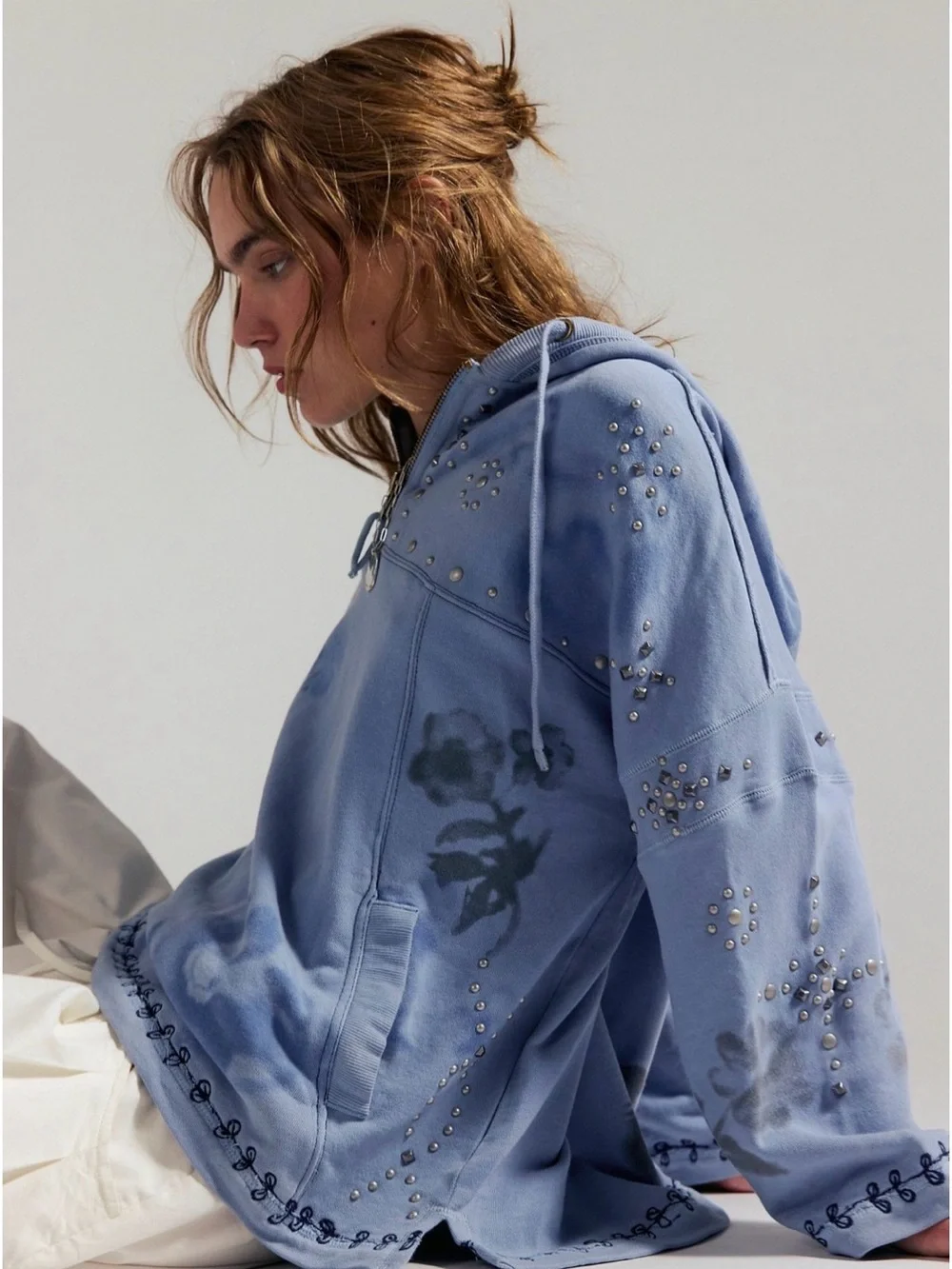 NWT Free People Sweatshirt Silver Studded Floral Embroidered - Half Zip Hoodie